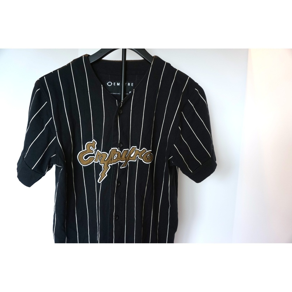 Empyre Mens Pinstripe Baseball Jersey Black Gold Script Logo Button Up Small